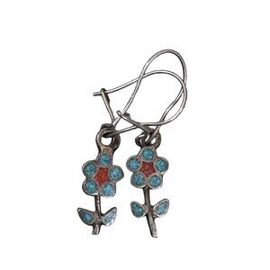 Vtg Flower Southwest Silver Floral Dangle Earrings Crushed Turquoise Coral Inlay